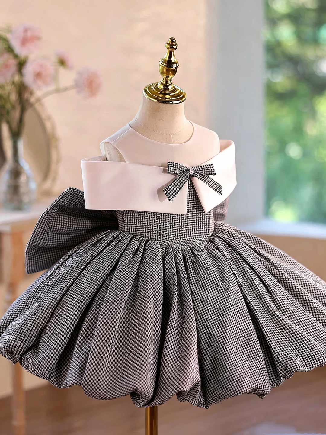 Gray Houndstooth Bow Short Flower Girl Dress D004