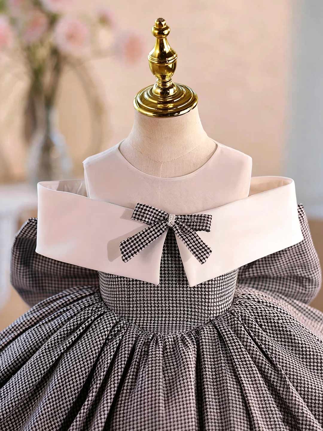 Gray Houndstooth Bow Short Flower Girl Dress D004