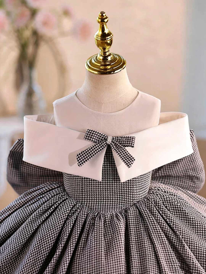 Gray Houndstooth Bow Short Flower Girl Dress D004