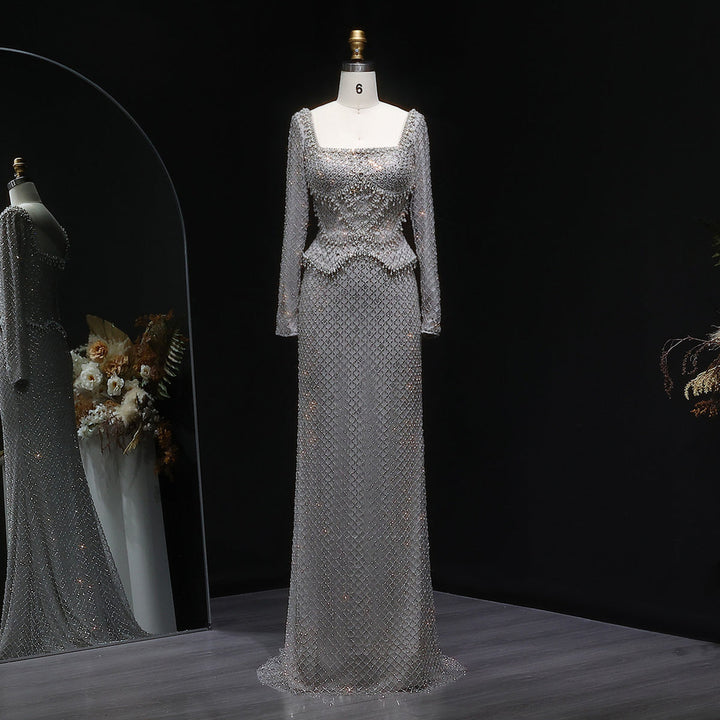 Sophisticated Gray Crystal Evening Dress with Sleek Long Sleeves SS633