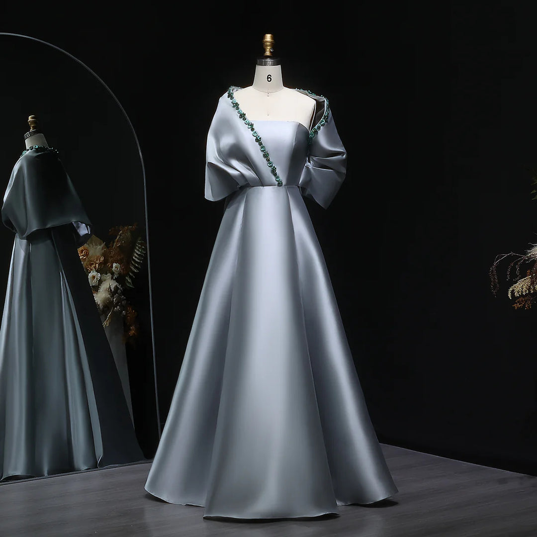 Elegant Crystal Beaded Evening Dress with Cape and Overskirt SS577