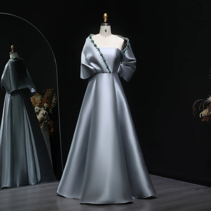 Elegant Crystal Beaded Evening Dress with Cape and Overskirt SS577