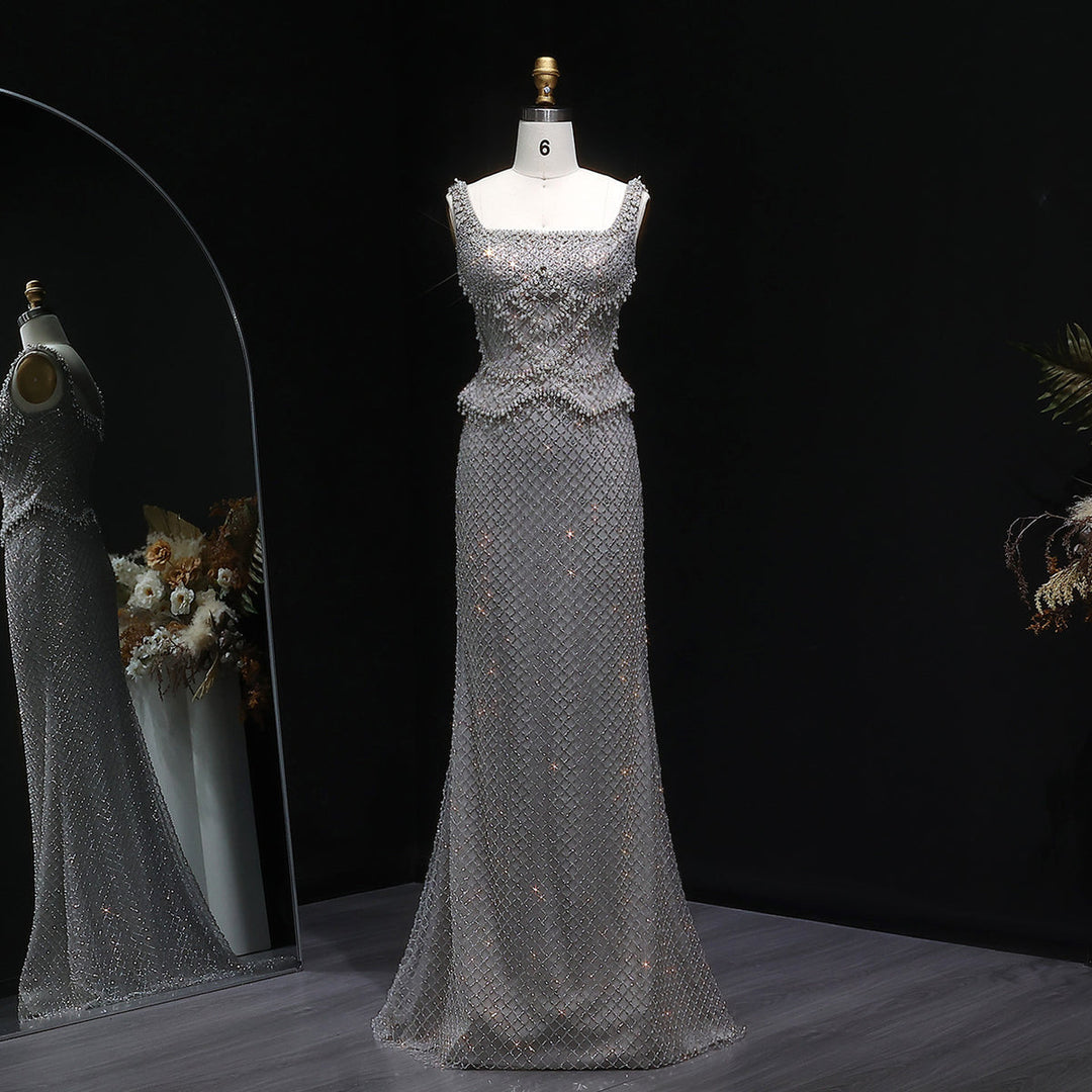 Luxury Silver Grey Evening Dress with Crystal Beading SS631