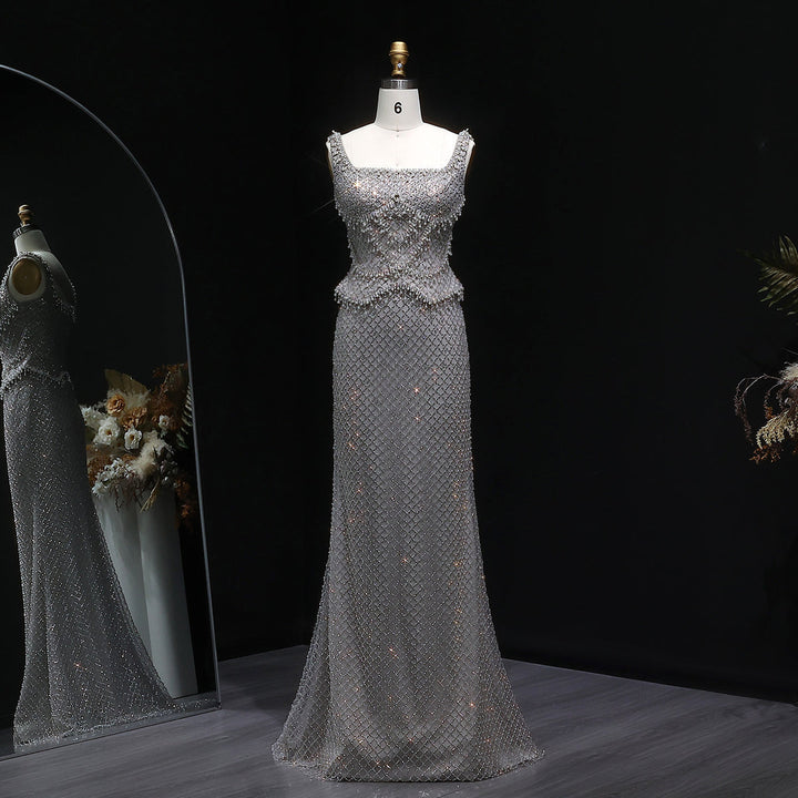 Luxury Silver Grey Evening Dress with Crystal Beading SS631