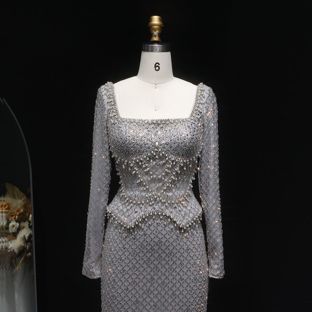 Sophisticated Gray Crystal Evening Dress with Sleek Long Sleeves SS633