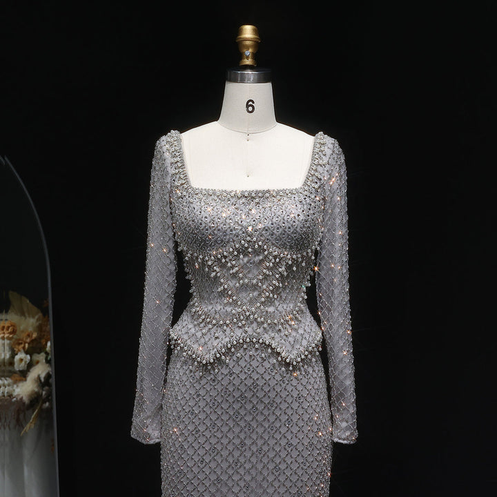 Sophisticated Gray Crystal Evening Dress with Sleek Long Sleeves SS633