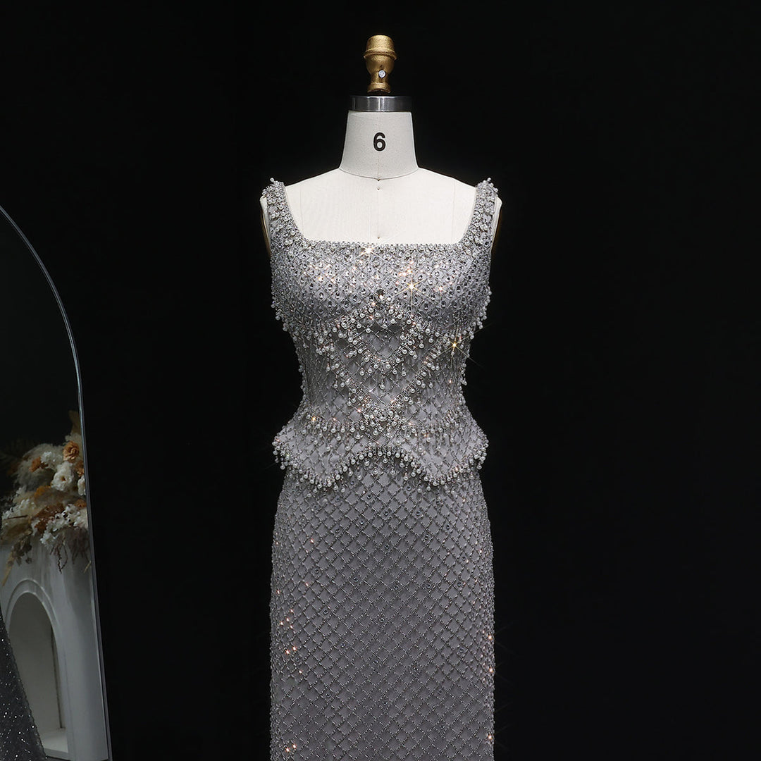Luxury Silver Grey Evening Dress with Crystal Beading SS631