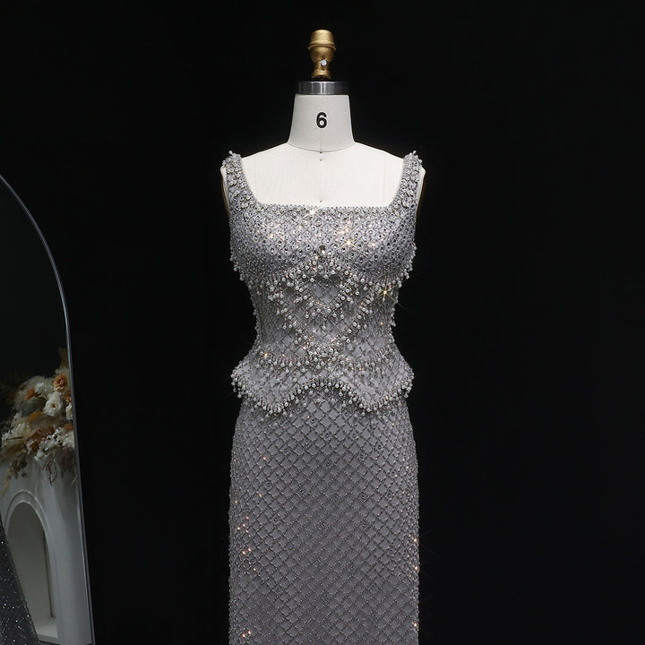 Luxury Silver Grey Evening Dress with Crystal Beading SS631