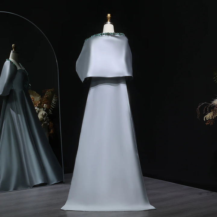 Elegant Crystal Beaded Evening Dress with Cape and Overskirt SS577