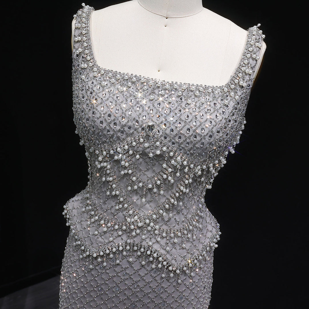 Luxury Silver Grey Evening Dress with Crystal Beading SS631