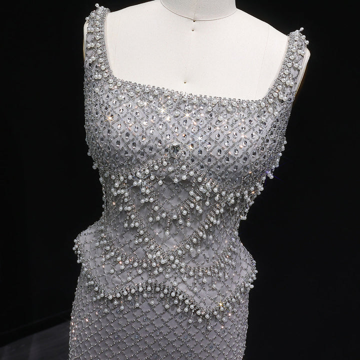 Luxury Silver Grey Evening Dress with Crystal Beading SS631