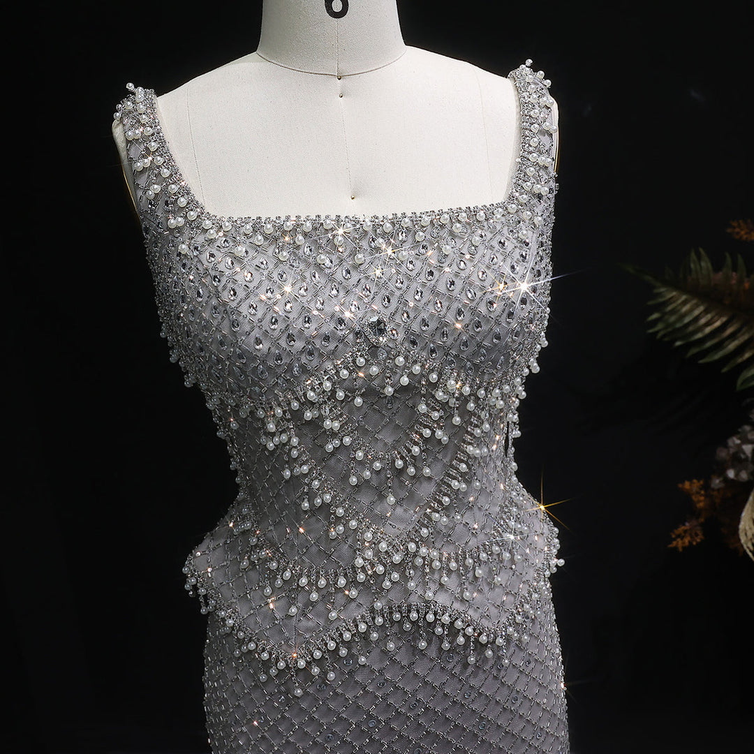 Luxury Silver Grey Evening Dress with Crystal Beading SS631