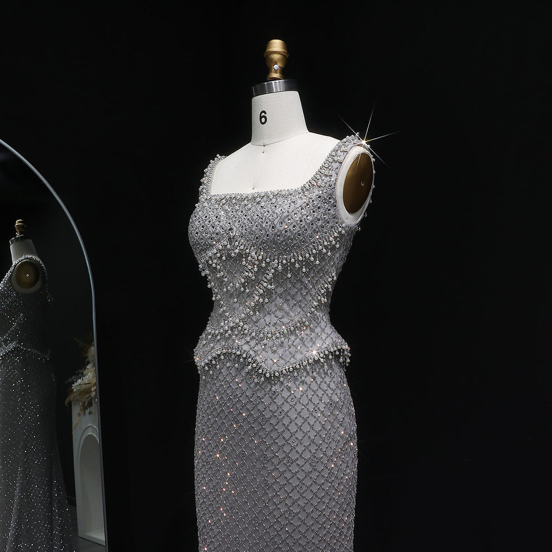 Luxury Silver Grey Evening Dress with Crystal Beading SS631