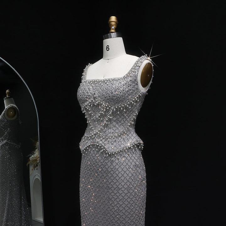 Luxury Silver Grey Evening Dress with Crystal Beading SS631