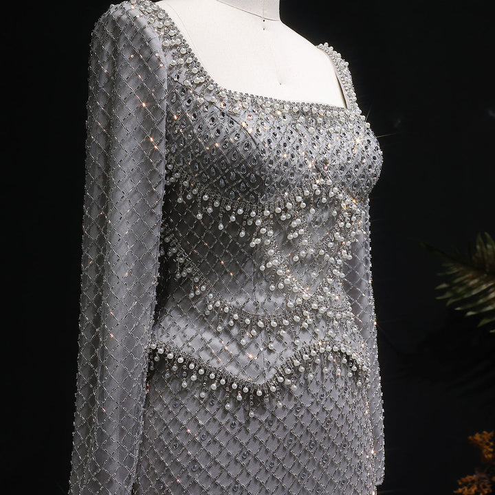 Sophisticated Gray Crystal Evening Dress with Sleek Long Sleeves SS633