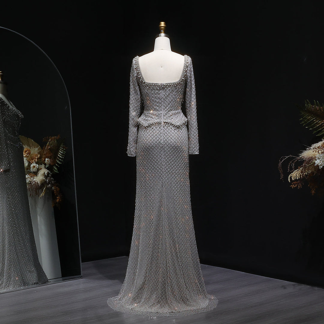 Sophisticated Gray Crystal Evening Dress with Sleek Long Sleeves SS633