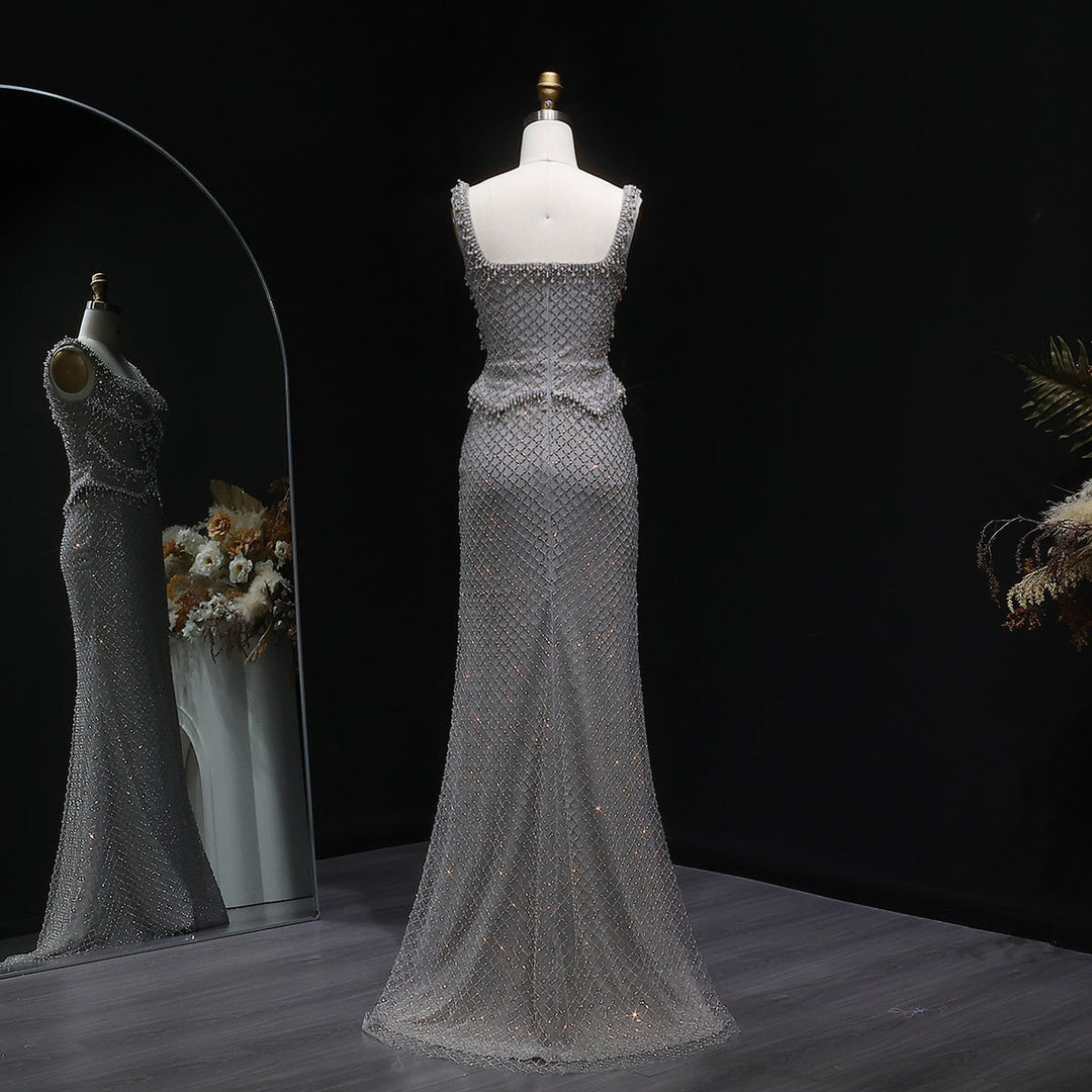 Luxury Silver Grey Evening Dress with Crystal Beading SS631