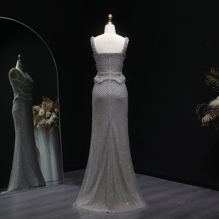 Luxury Silver Grey Evening Dress with Crystal Beading SS631
