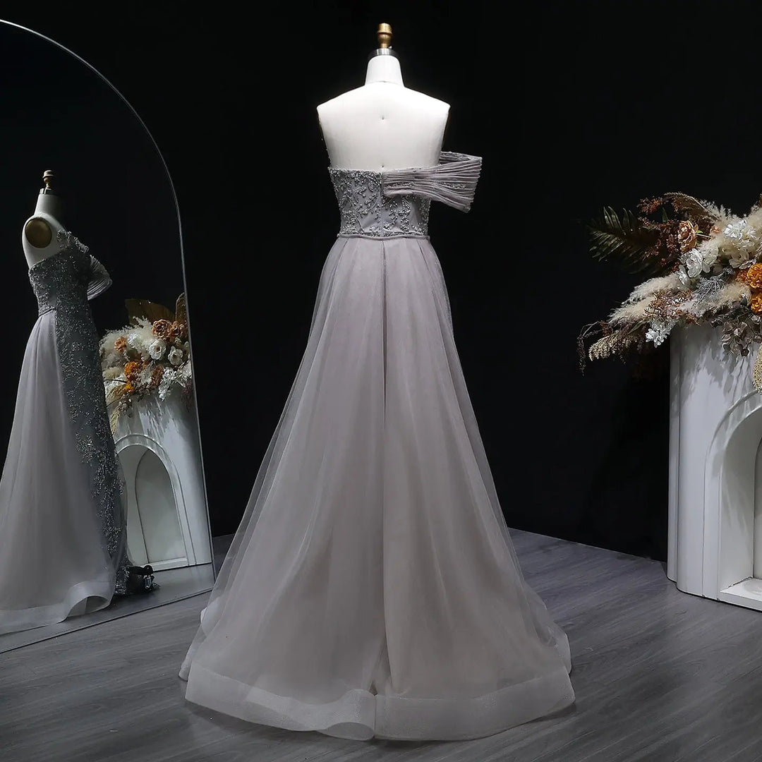 Luxury Gray Off-Shoulder Beaded Evening Gown with Tulle Train SS527