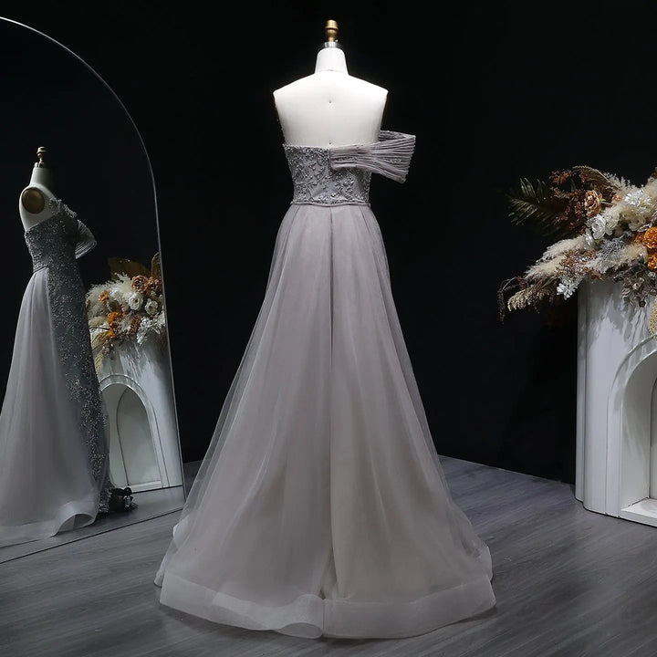 Luxury Gray Off-Shoulder Beaded Evening Gown with Tulle Train SS527