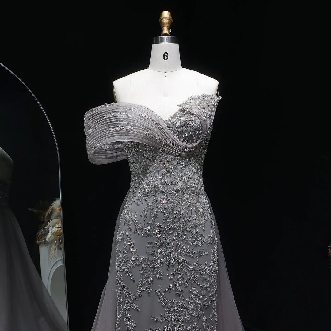 Luxury Gray Off-Shoulder Beaded Evening Gown with Tulle Train SS527