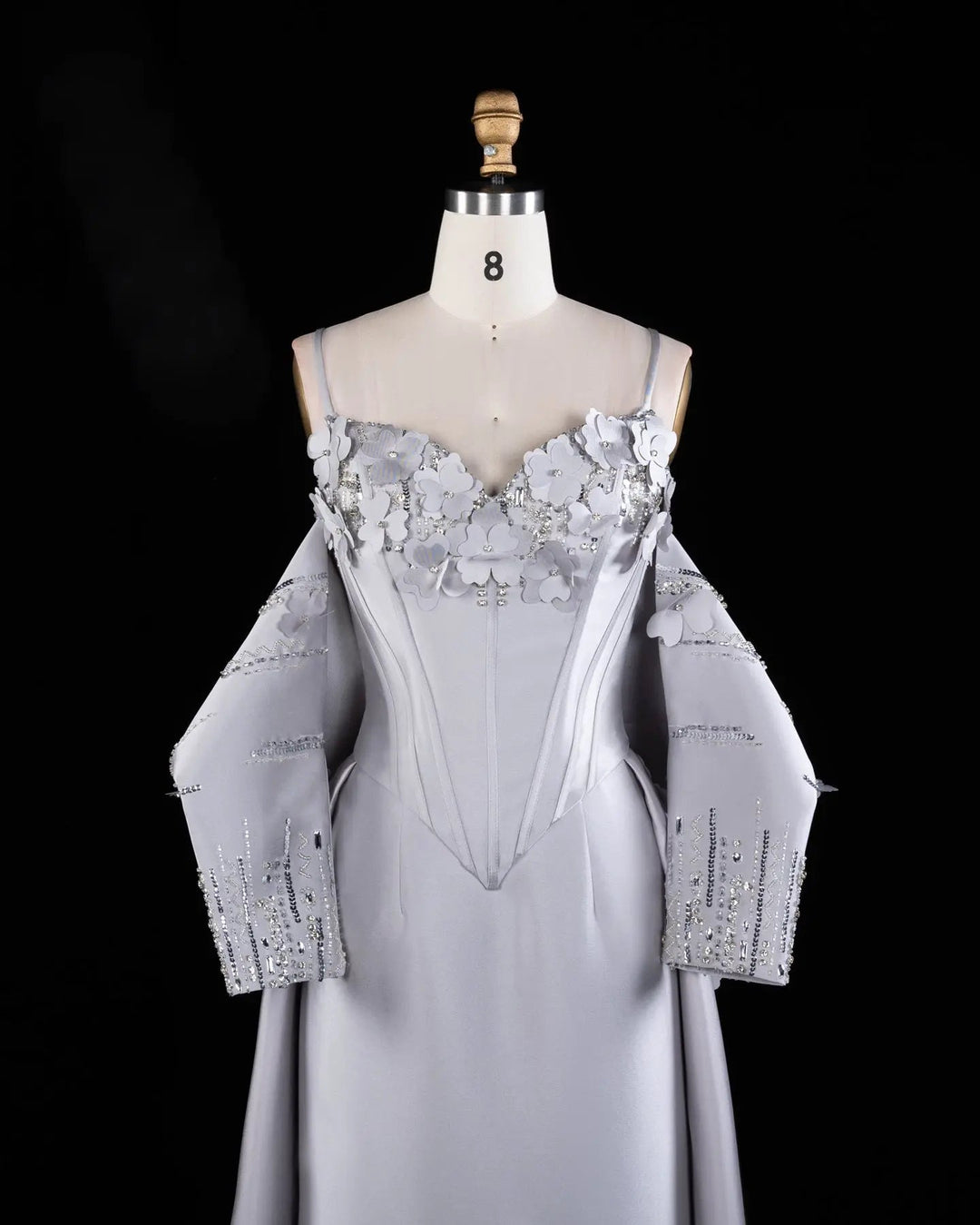 Gray Floral Applique Corset Evening Gown with Draped Sleeves XD005