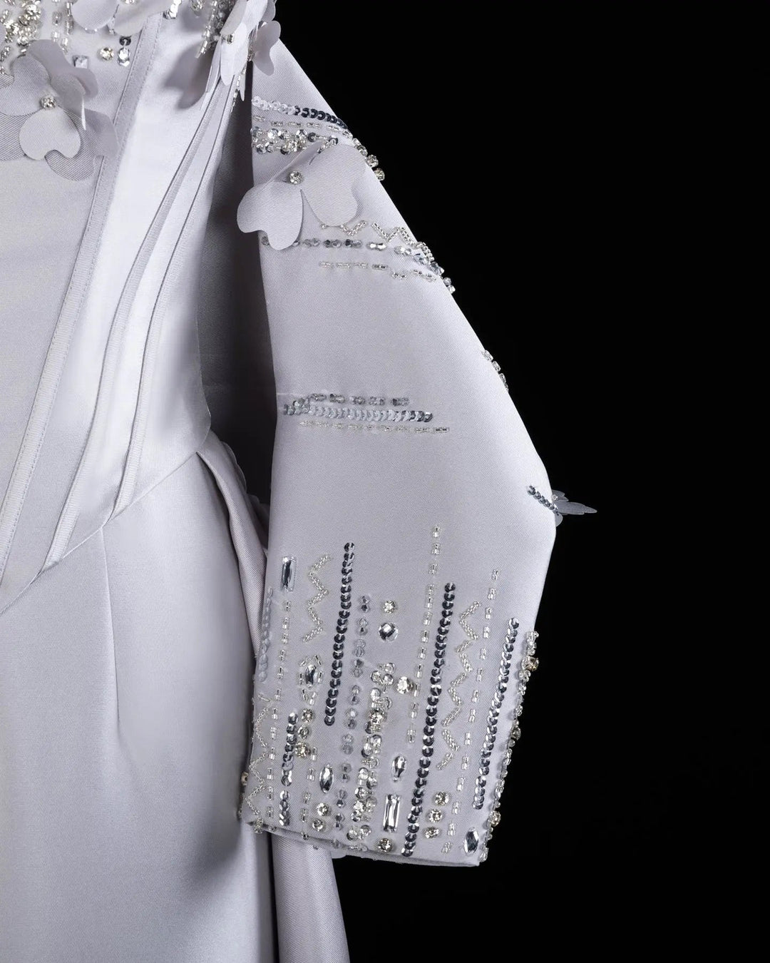 Gray Floral Applique Corset Evening Gown with Draped Sleeves XD005