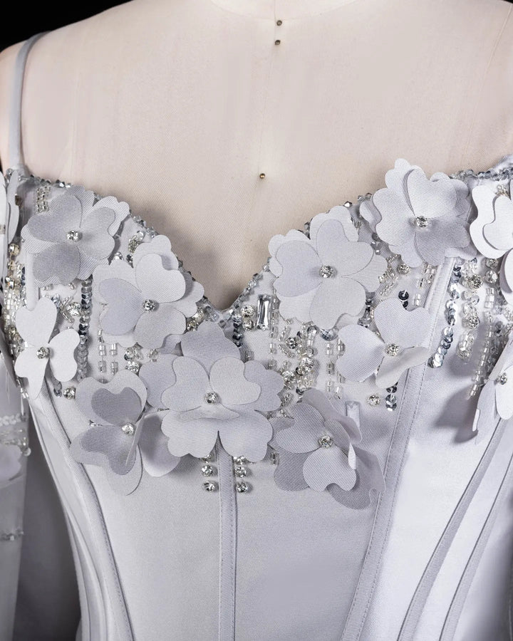 Gray Floral Applique Corset Evening Gown with Draped Sleeves XD005