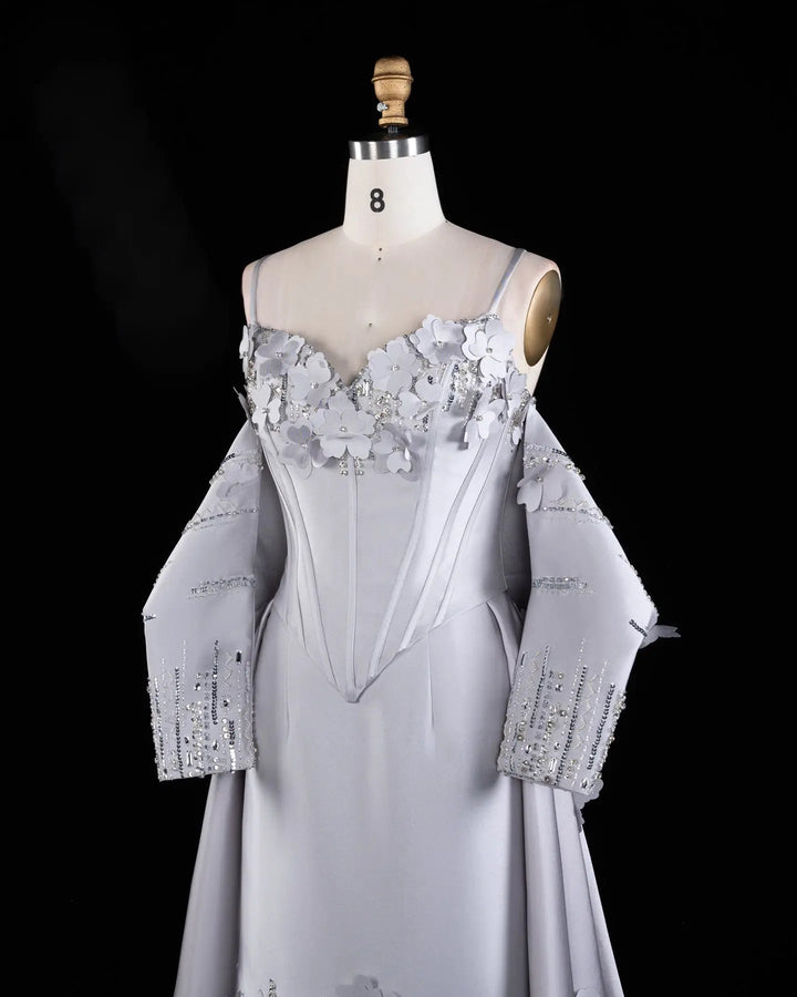 Gray Floral Applique Corset Evening Gown with Draped Sleeves XD005