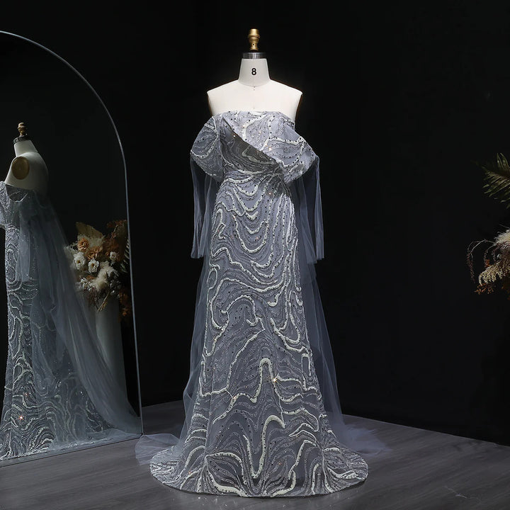 Elegant Gray Sequin Evening Dress with Flowing Cape Sleeves SS078