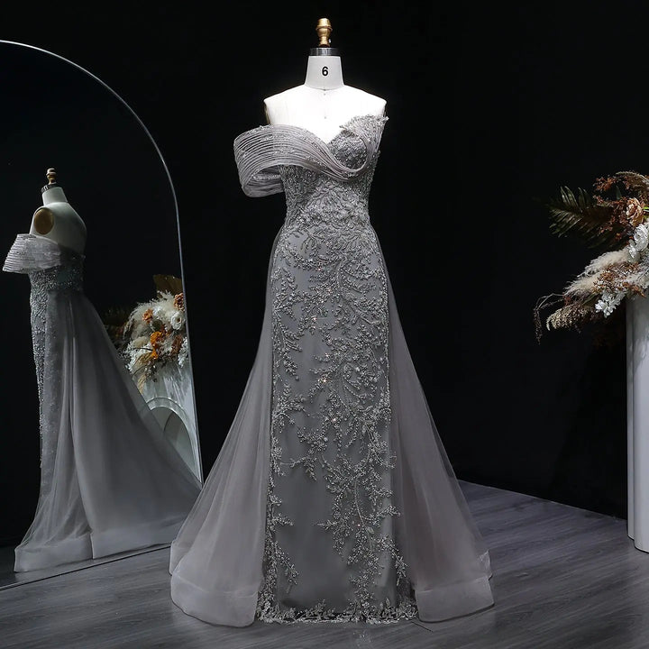 Luxury Gray Off-Shoulder Beaded Evening Gown with Tulle Train SS527
