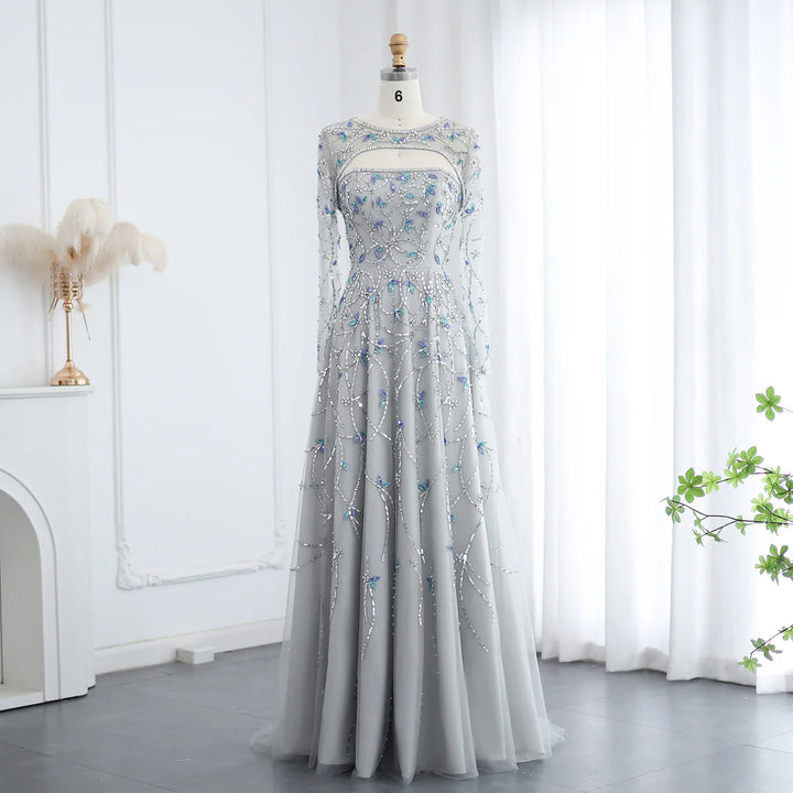 Elegant Beaded Sequin Long Sleeve Prom Dress SS593