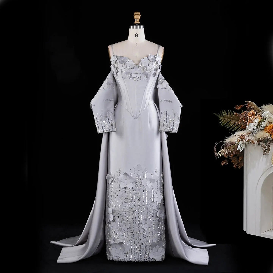 Gray Floral Applique Corset Evening Gown with Draped Sleeves XD005