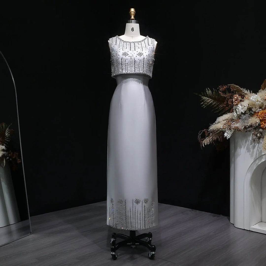 Luxury Rhinestones Silver Midi Evening Dress SS277