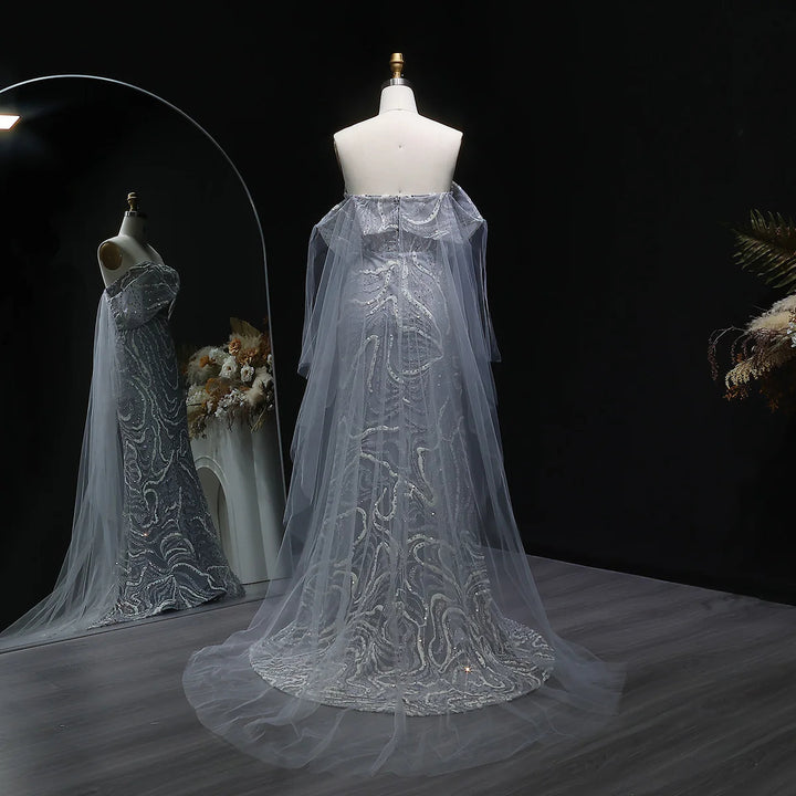 Elegant Gray Sequin Evening Dress with Flowing Cape Sleeves SS078