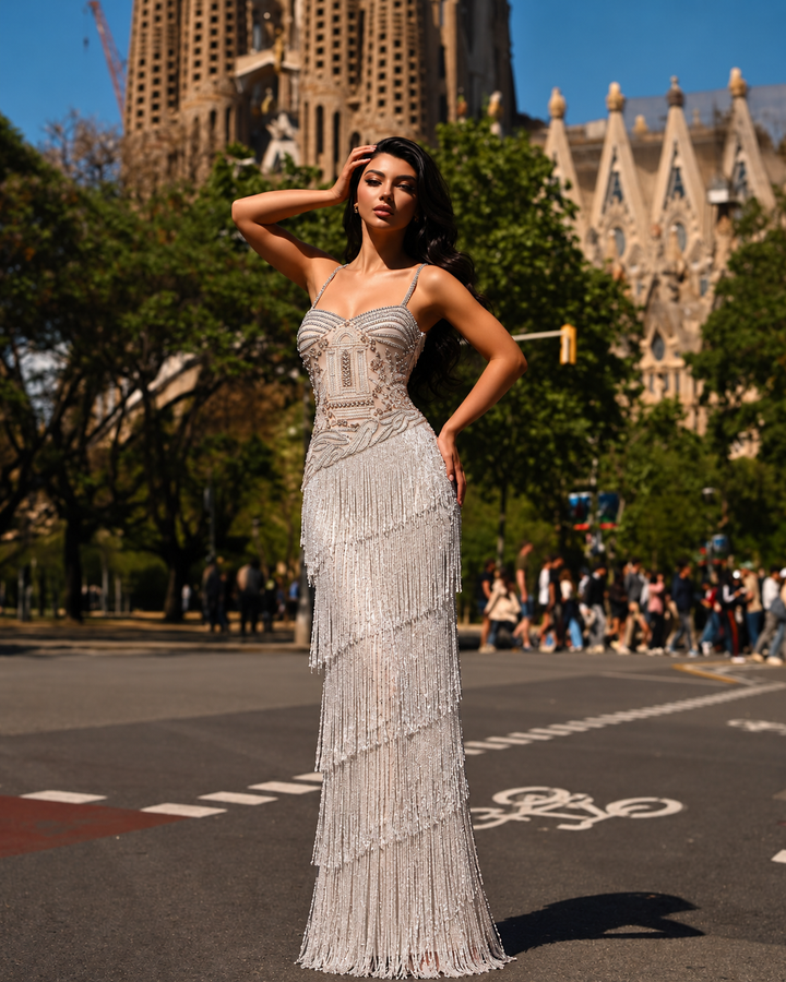 Dreamy Vow Gray Beaded Fringe Spaghetti Strap Column Evening Gown SS324