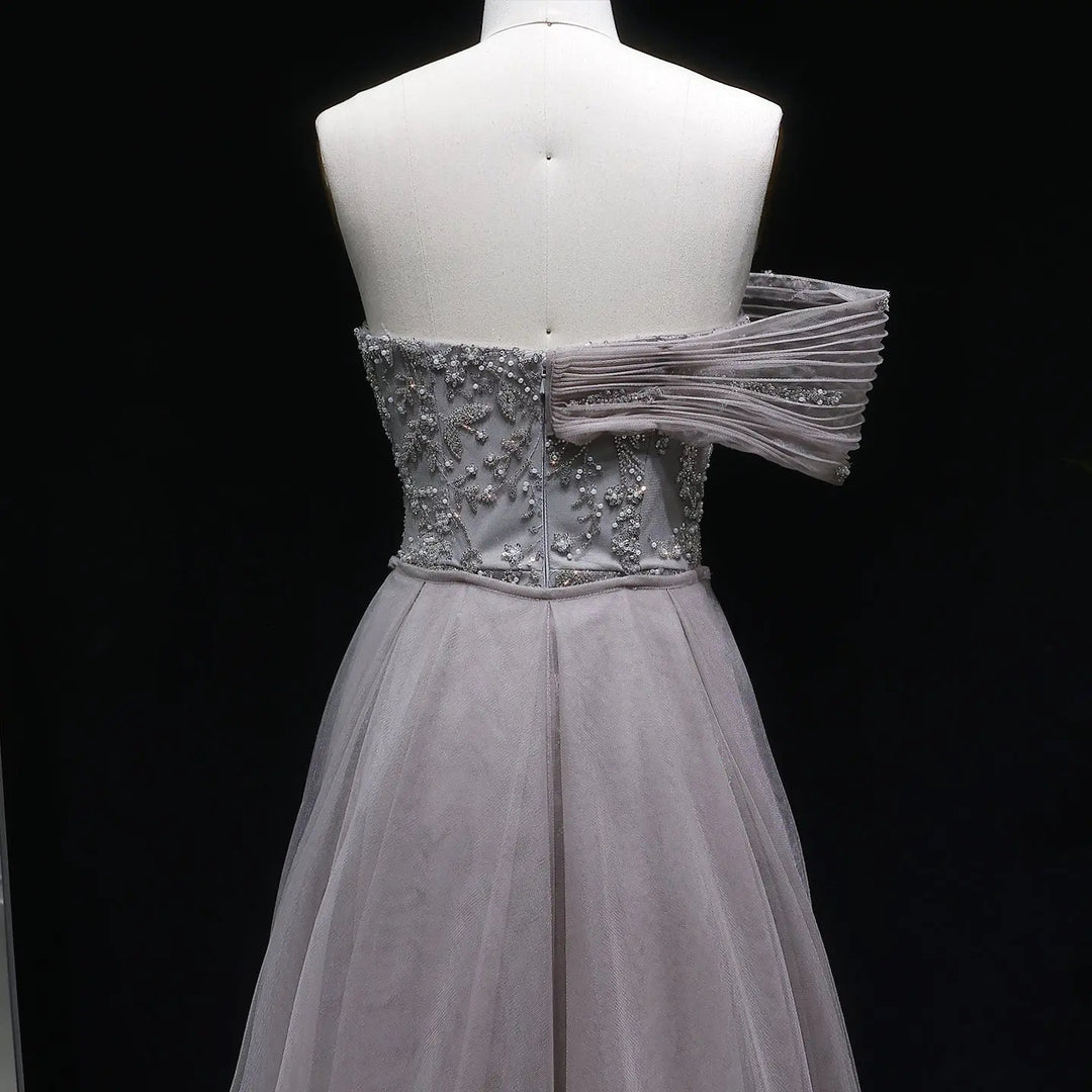 Luxury Gray Off-Shoulder Beaded Evening Gown with Tulle Train SS527