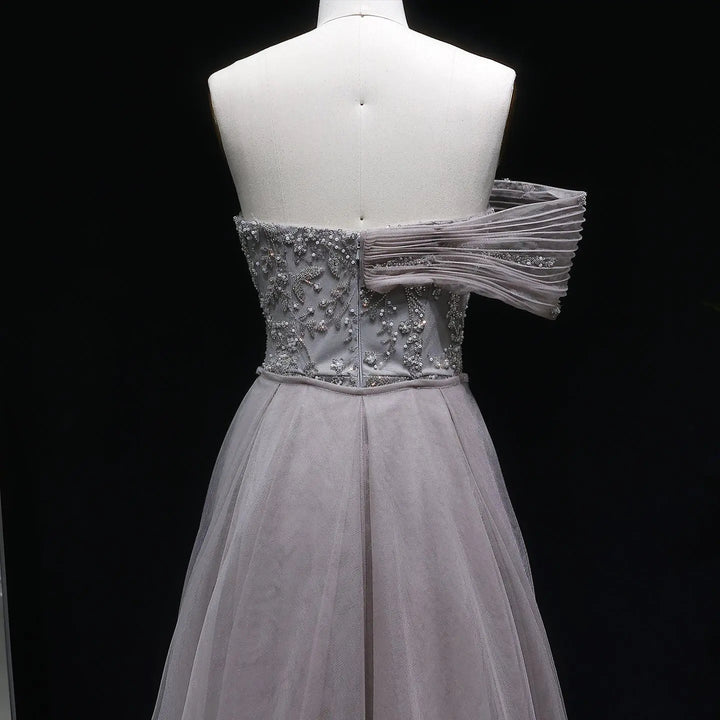 Luxury Gray Off-Shoulder Beaded Evening Gown with Tulle Train SS527