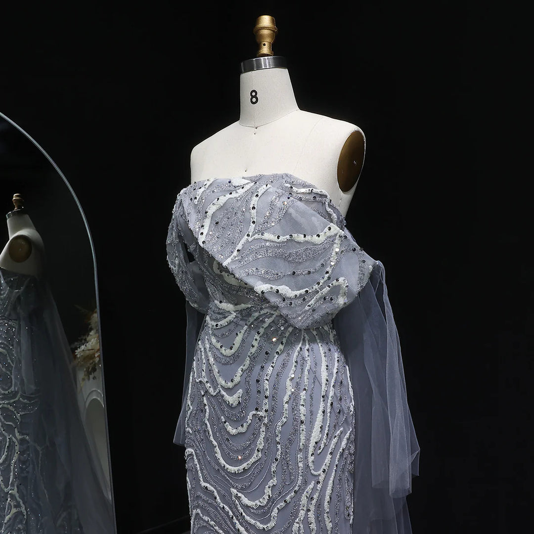 Elegant Gray Sequin Evening Dress with Flowing Cape Sleeves SS078