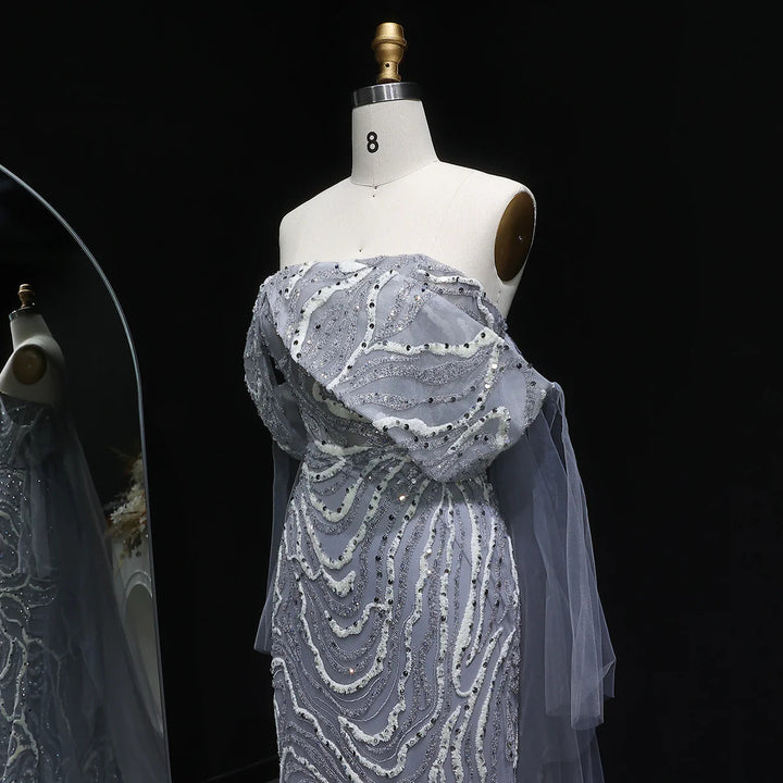 Elegant Gray Sequin Evening Dress with Flowing Cape Sleeves SS078