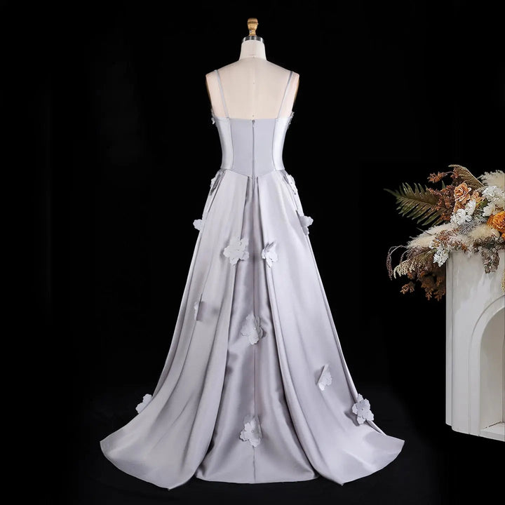 Gray Floral Applique Corset Evening Gown with Draped Sleeves XD005