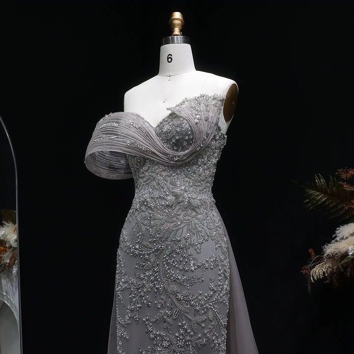 Luxury Gray Off-Shoulder Beaded Evening Gown with Tulle Train SS527