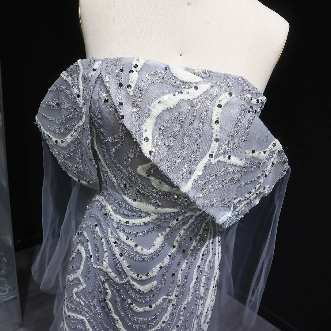 Elegant Gray Sequin Evening Dress with Flowing Cape Sleeves SS078