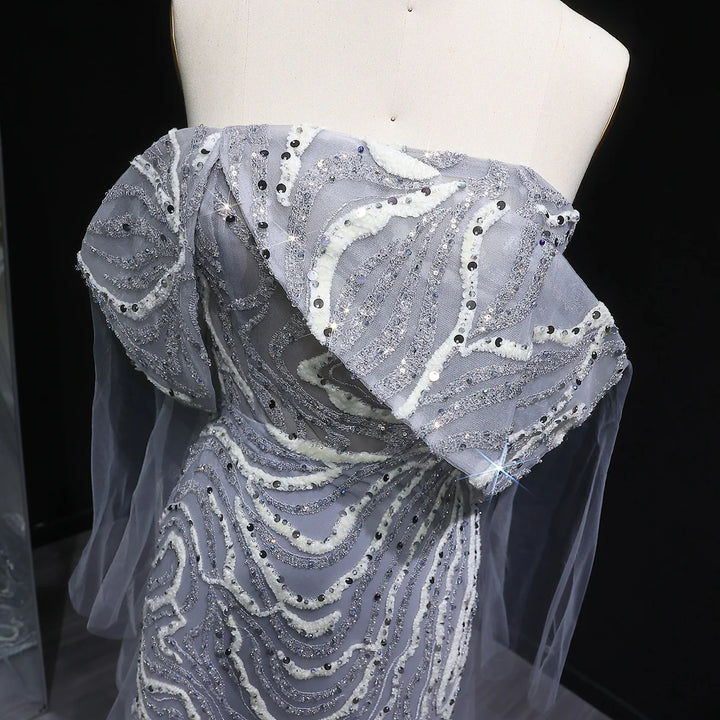 Elegant Gray Sequin Evening Dress with Flowing Cape Sleeves SS078