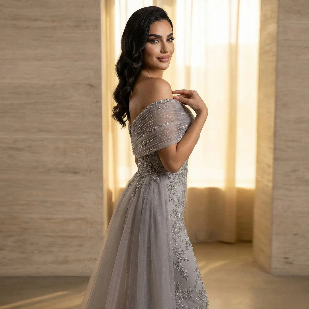 Luxury Gray Off-Shoulder Beaded Evening Gown with Tulle Train SS527