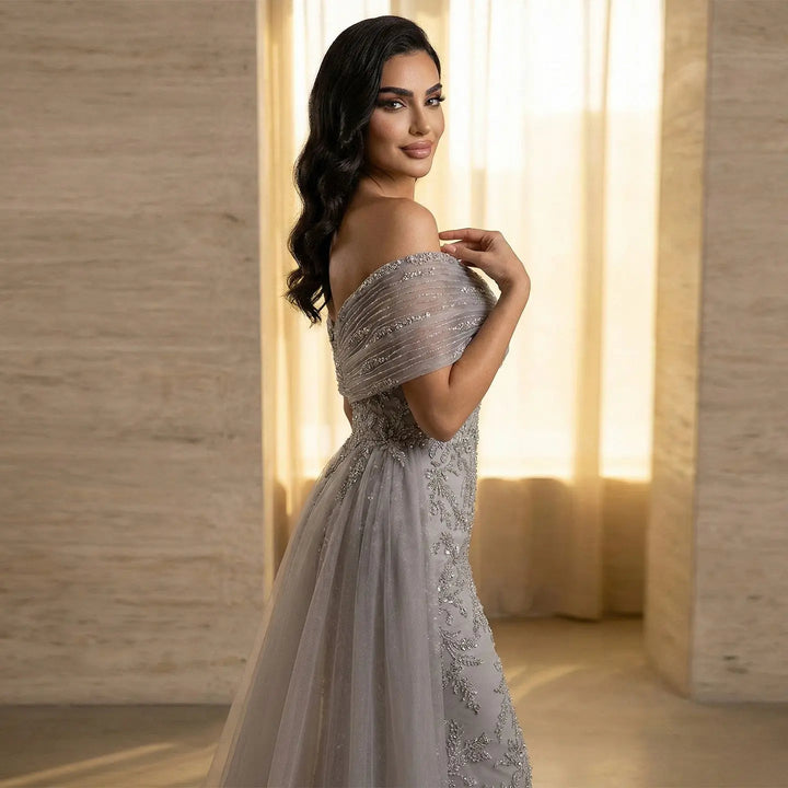Luxury Gray Off-Shoulder Beaded Evening Gown with Tulle Train SS527
