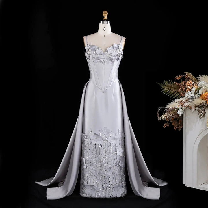 Gray Floral Applique Corset Evening Gown with Draped Sleeves XD005