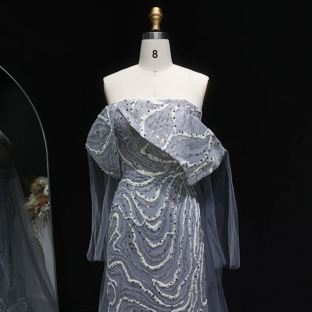 Elegant Gray Sequin Evening Dress with Flowing Cape Sleeves SS078