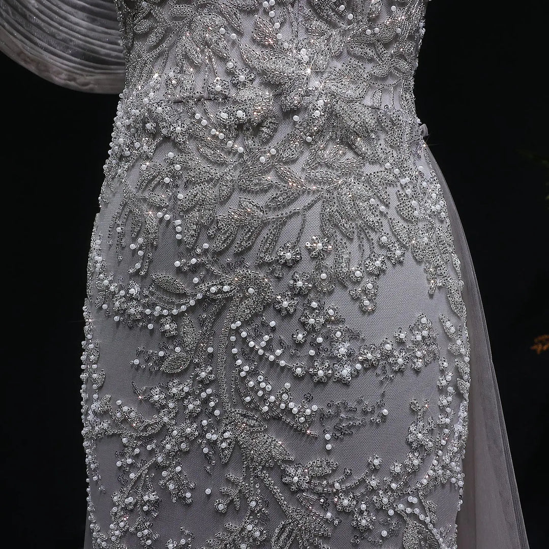 Luxury Gray Off-Shoulder Beaded Evening Gown with Tulle Train SS527