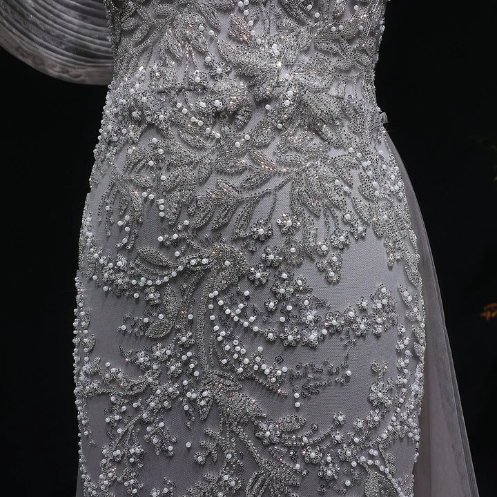 Luxury Gray Off-Shoulder Beaded Evening Gown with Tulle Train SS527